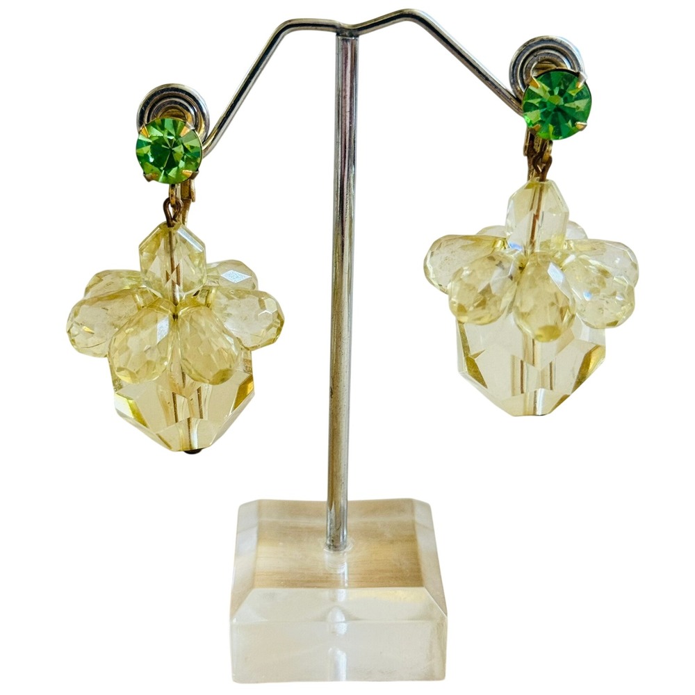 VTG Lucite Chunky Earrings Rhinestone Cluster Statement Dangle Clip Retro 60s